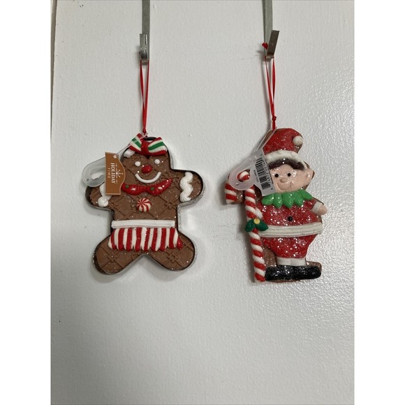 Gingerbread Cookie and Elf Candy Cane Ornaments Christmas Decor NEW Set of 2 - Picture 3 of 7